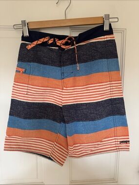 Patagonia Kids Orange, Blue & Navy Striped Swim Trunks